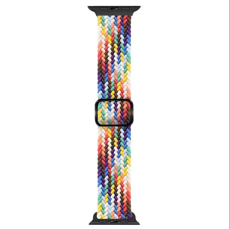 Techplus adjustable braided nylon Apple Watch band in rainbow colors, lightweight, stretchy, compatible with 38mm to 42mm watch sizes.