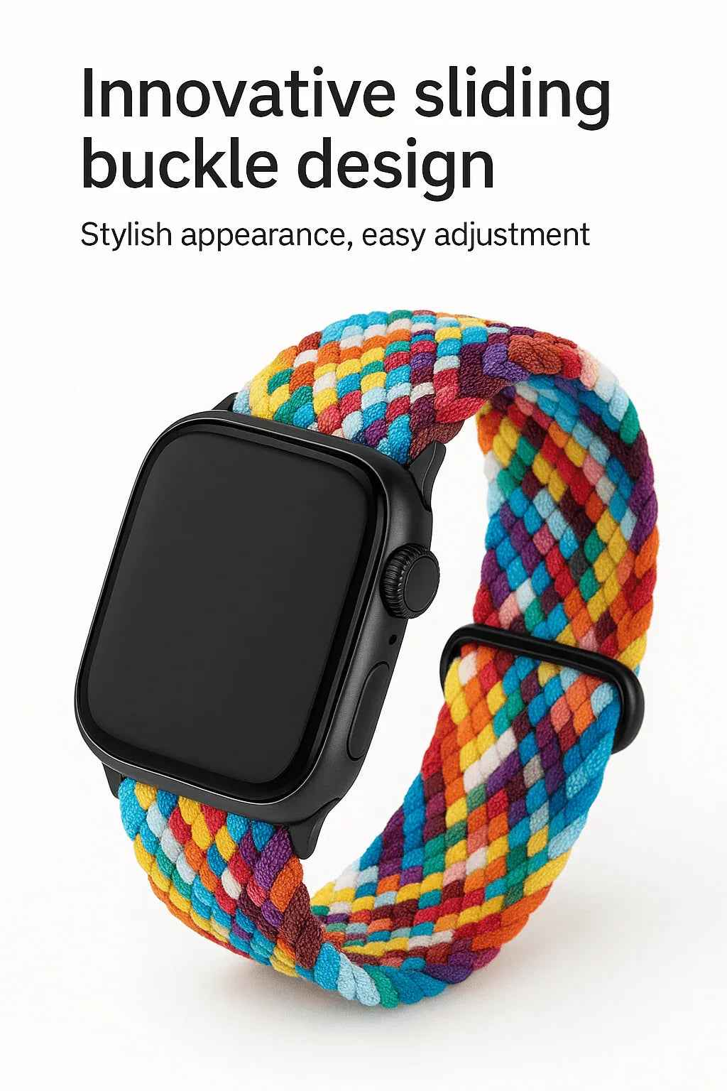 Techplus rainbow braided nylon Apple Watch band, adjustable and lightweight with a stretchy design for comfortable wear.