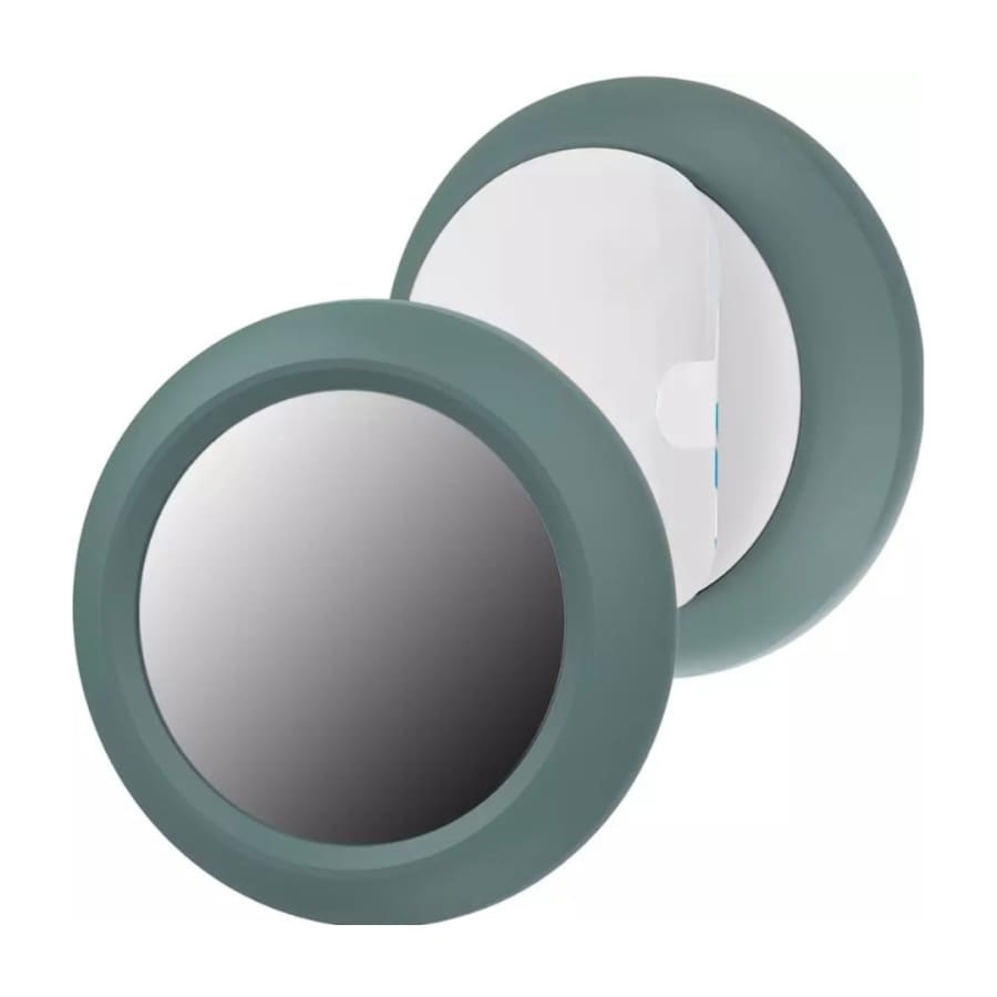 Black and green holder for Apple Air Tag, designed by That Watch Shop, shown attached to a keychain or item for tracking.