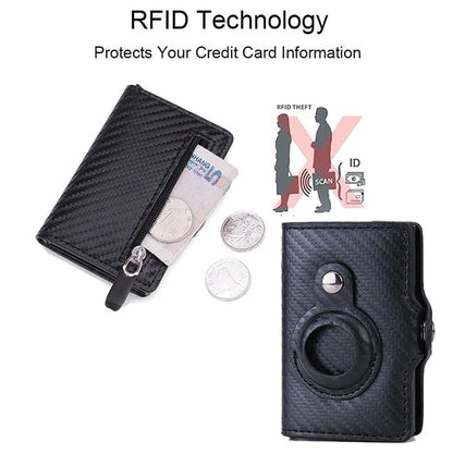 Brown leather wallet case for Apple Air Tag, designed to hold and protect the Air Tag securely.