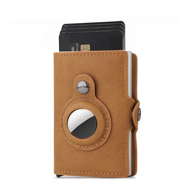Brown Apple AirTag wallet case by That Watch Shop, designed to securely hold and protect the AirTag with a sleek wallet style.