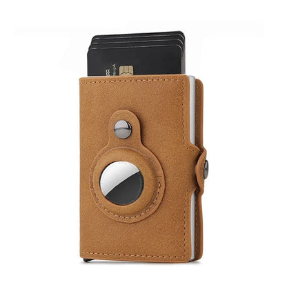 Brown Apple AirTag wallet case by That Watch Shop, designed to securely hold and protect the AirTag with a sleek wallet style.