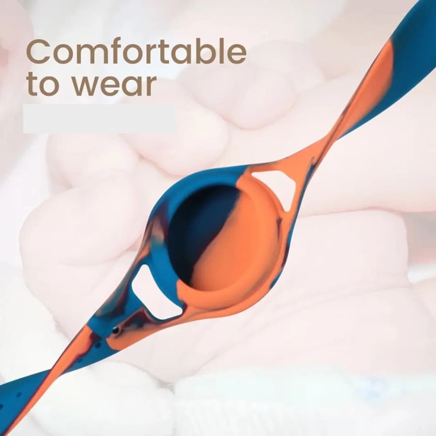 Kids wrist strap for Apple Air Tag in purple and orange, designed for secure attachment and easy tracking.