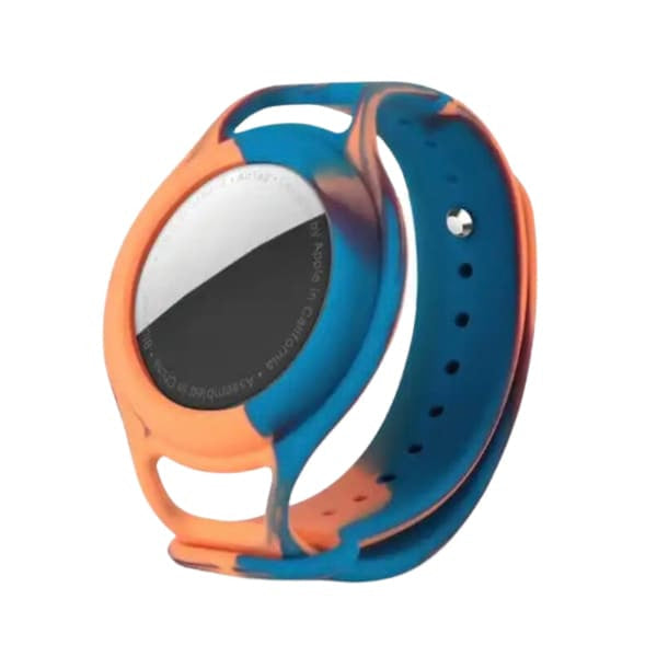 Kids wrist strap in purple and orange for Apple Air Tag, designed for secure attachment and easy tracking.
