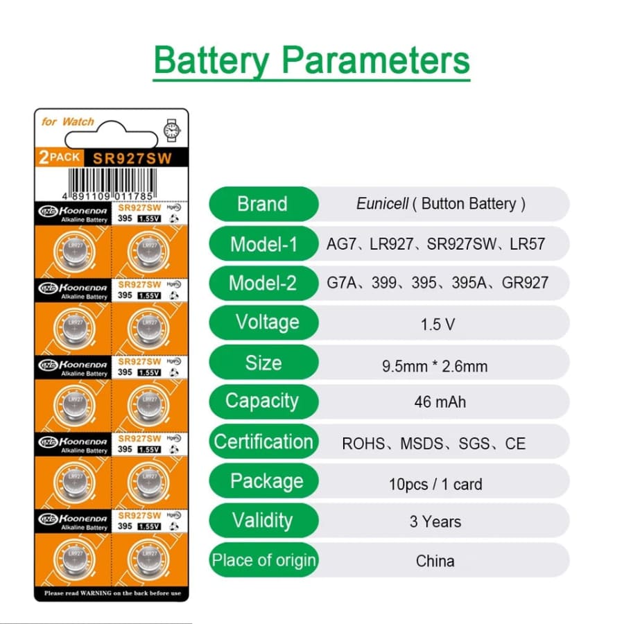 Ten-pack of SR927SW watch batteries for Koonenda watches from That Watch Shop, showing small round silver batteries.