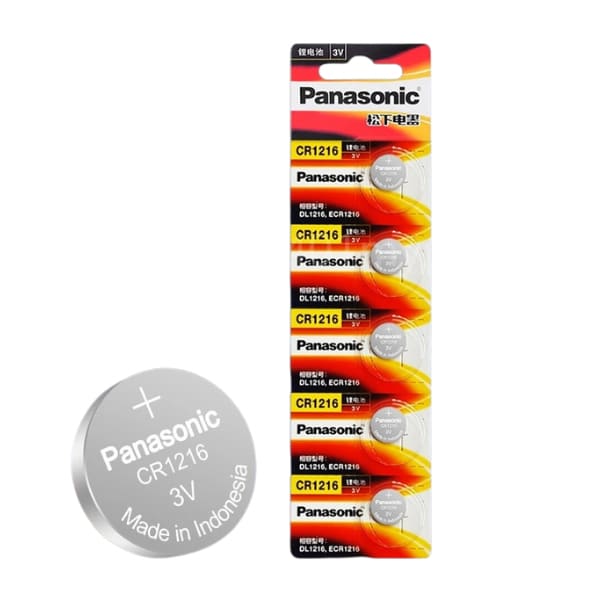 Panasonic CR1216 watch batteries in a 5-pack, small round lithium batteries for wristwatches and electronic devices.