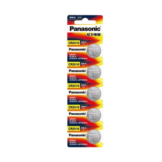 Panasonic CR2016 watch batteries, 5-pack, compact rechargeable batteries for wristwatches and small electronic devices.