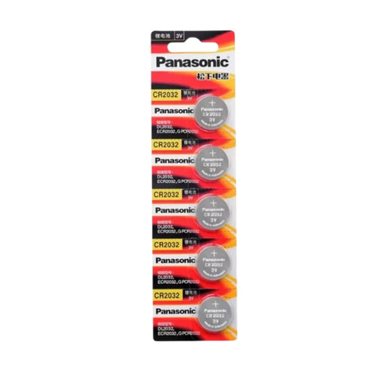 Five Panasonic CR2032 watch batteries in a pack, suitable for powering various wristwatches and small electronic devices.