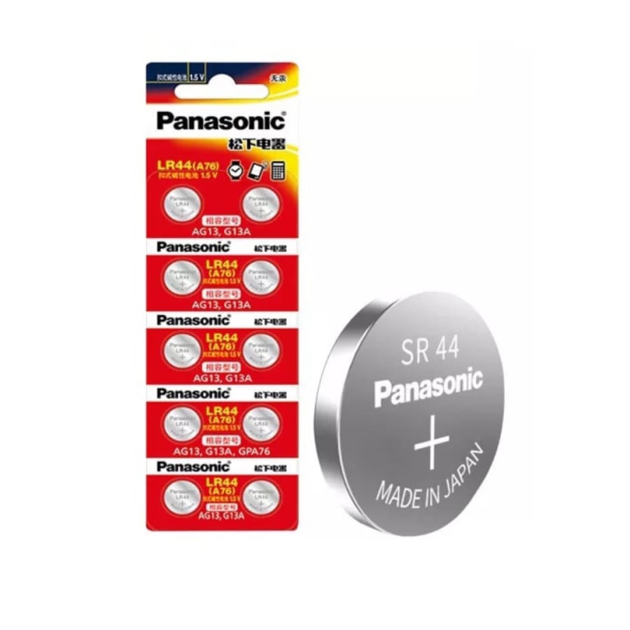 Panasonic LR44 A76 watch batteries in a 10-pack, small button cell batteries for watches and small electronic devices.