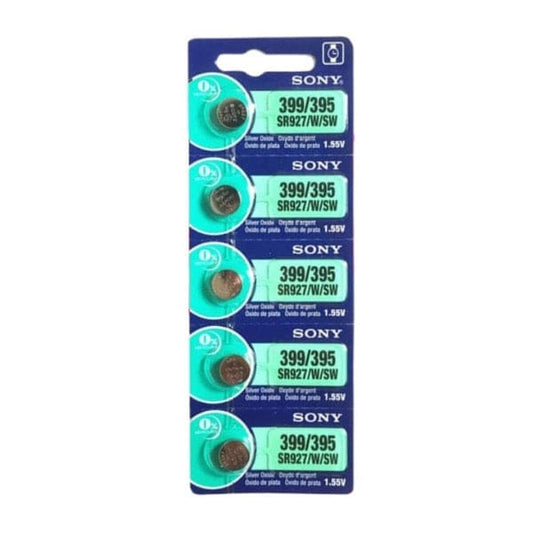 Five-pack of Sony SR927/W/SW watch batteries, small round silver batteries for watches, by That Watch Shop.