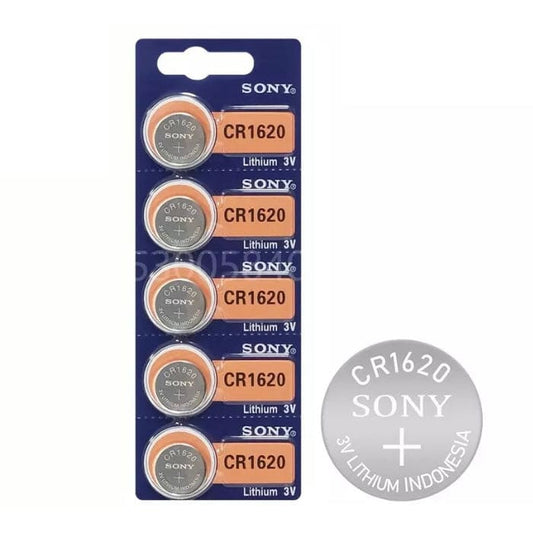 Set of five Sony CR1620 watch batteries, small round lithium cells for watch power, shown in their packaging.