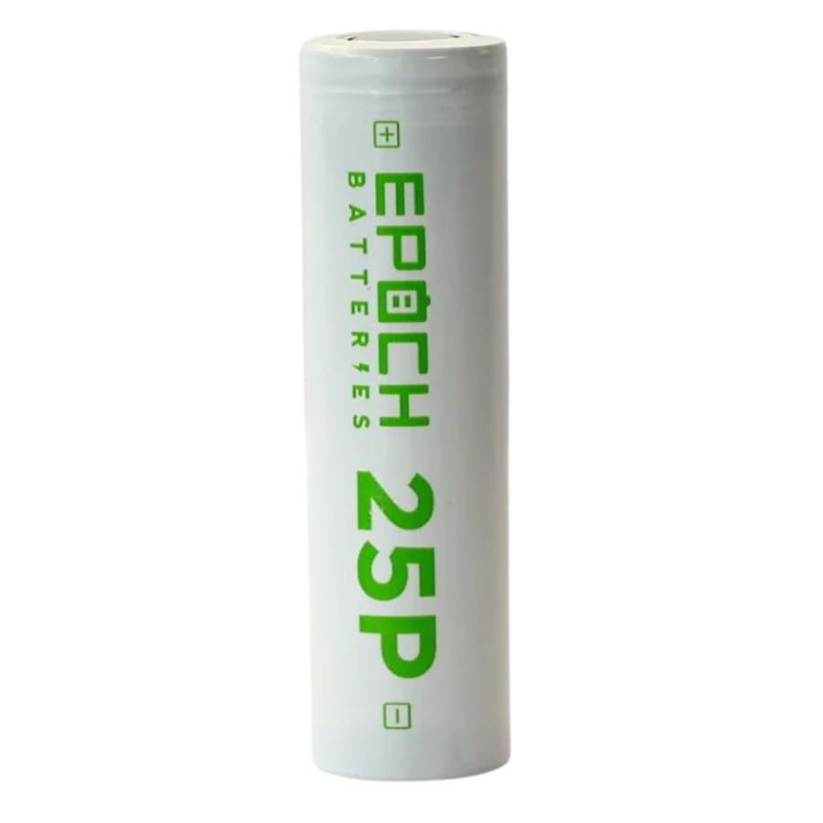 Epoch 25P 18650 2500mAh 20A rechargeable battery, lithium-ion cell for high-drain devices, shown in close-up.