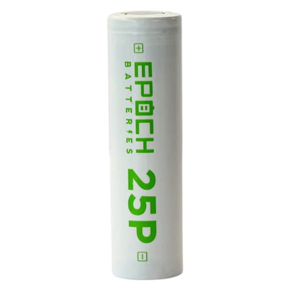 Epoch 25P 18650 2500mAh 20A rechargeable battery, lithium-ion cell for high-drain devices, shown in close-up.