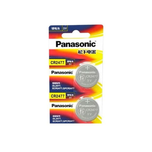 Two Panasonic CR2477 watch batteries compatible with various watches, shown in a clear packaging for That Watch Shop.