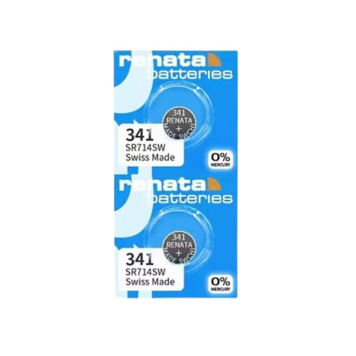 Two Renata 341 SR714SW watch batteries, small silver button cell batteries for watches, displayed in a close-up image.