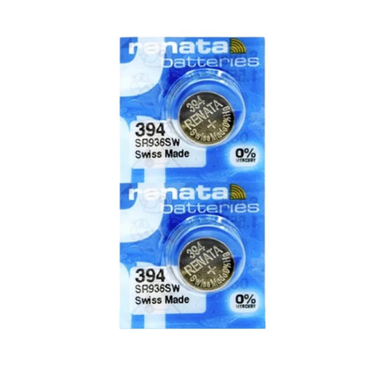 Two Renata 394 / SR936SW watch batteries in a pack, compact and round, suitable for small watches and timepieces.