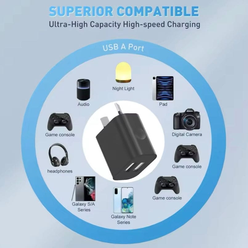 Black dual USB power adapter wall plug for NZ and AUS outlets, compatible with various electronic devices.
