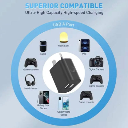 Black dual USB power adapter wall plug for NZ and AUS outlets, compatible with various electronic devices.