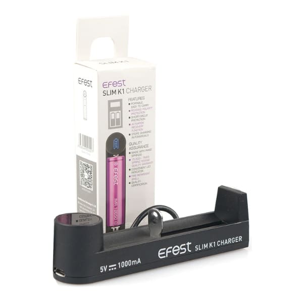 Efest Slim K1 Battery Charger for rechargeable batteries, compact black charger with dual slots and LED indicators.