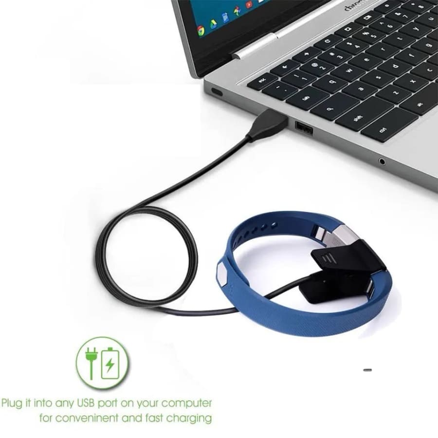 Black Fitbit Alta charger by That Watch Shop, showing the portable charging cable with USB connection and compatibility with Fitbit Alta.