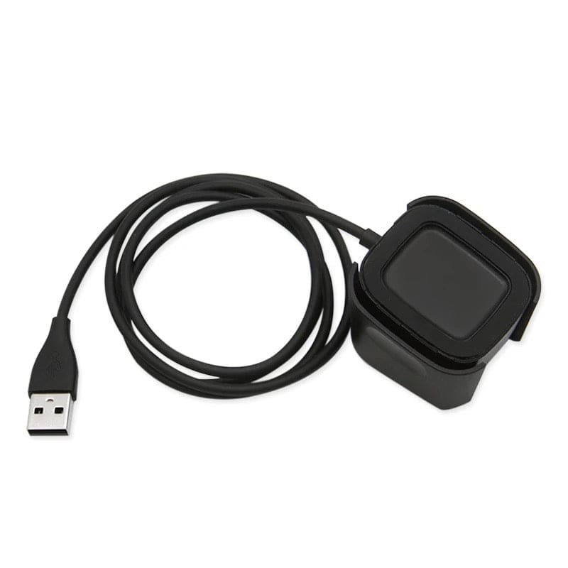 Black Fitbit Versa 1 charger from That Watch Shop with magnetic charging connector and compact design.
