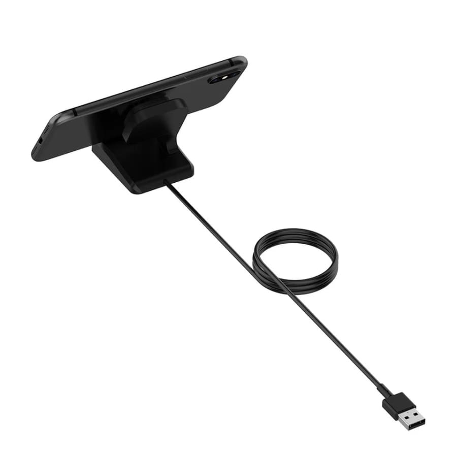 Black Fitbit Versa 4, 3, Sense 2, and Sense charger stand by That Watch Shop, designed to hold and charge compatible Fitbit smartwatches.