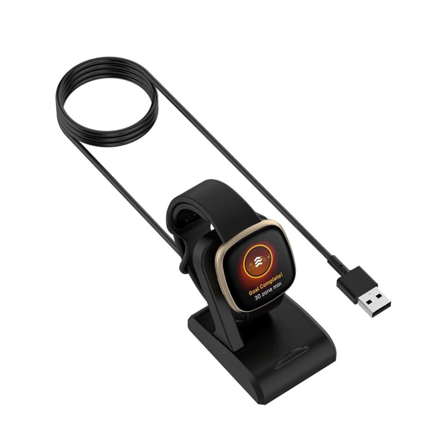 Black Fitbit Versa 4, Versa 3, Sense 2, and Sense charger stand by That Watch Shop, designed to hold and charge compatible smartwatches.
