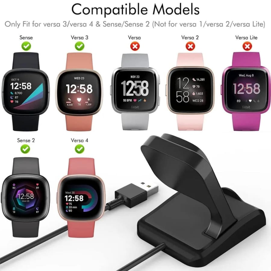 Black Fitbit Versa 4, 3, Sense 2, and Sense charger stand from That Watch Shop, designed for easy charging and display.