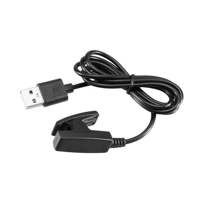 Garmin watch charger by That Watch Shop, USB clip-style charger for Garmin devices, shown connected to a compatible smartwatch.