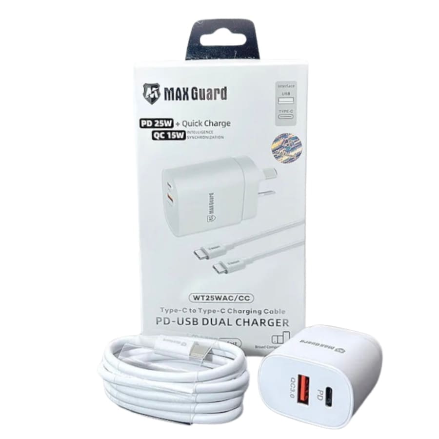 Maxguard Type C and USB power adapter wall plug with Type C to Type C cable for NZ and AUS outlets, by That Watch Shop.