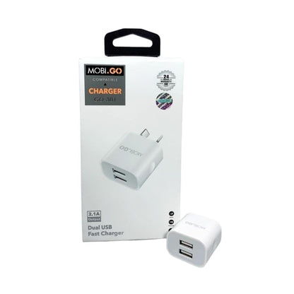 Mobigo Dual USB Power Adapter Wall Plug for NZ/AUS, compact charger with two USB ports, designed for easy device charging.