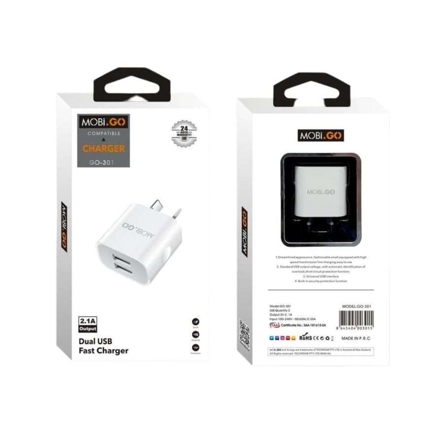 Mobigo Dual USB Power Adapter Wall Plug for NZ and AUS outlets, compact charger for electronic devices.