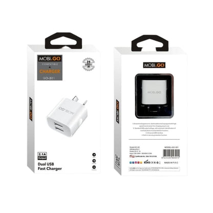 Mobigo Dual USB Power Adapter Wall Plug for NZ and AUS outlets, compact charger for electronic devices.