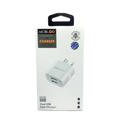 Mobigo Dual USB Power Adapter Wall Plug for NZ/AUS, compact charger with two USB ports, suitable for travel and everyday use.