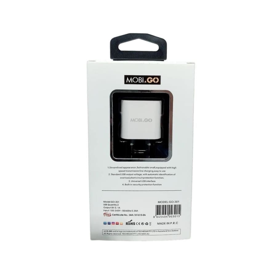 Mobigo Dual USB Power Adapter Wall Plug for NZ and AUS, compact charger with two USB ports, designed for easy device charging.