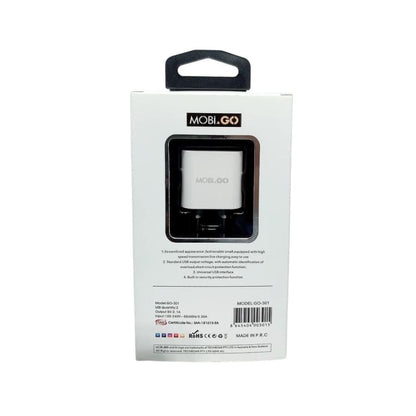 Mobigo Dual USB Power Adapter Wall Plug for NZ and AUS, compact charger with two USB ports, designed for easy device charging.