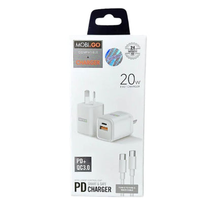 Mobigo Type C & USB Power Adapter Wall Plug with Type C to Type C cable, suitable for NZ and AUS outlets.