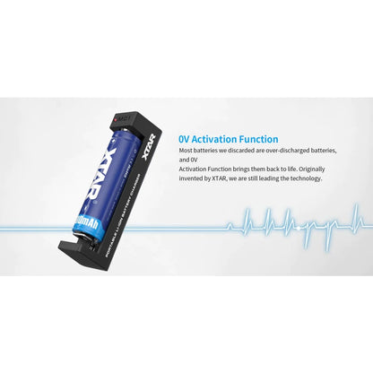 XTAR MC1 1 Bay USB Battery Charger for rechargeable batteries, compact and portable charger in black with USB port.