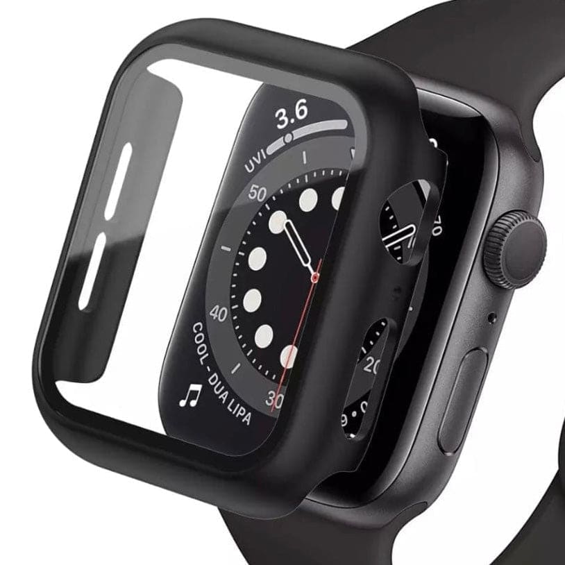 Black protective case for Apple Watch Series SE 44mm, designed to fit and safeguard the watch from scratches and impacts.