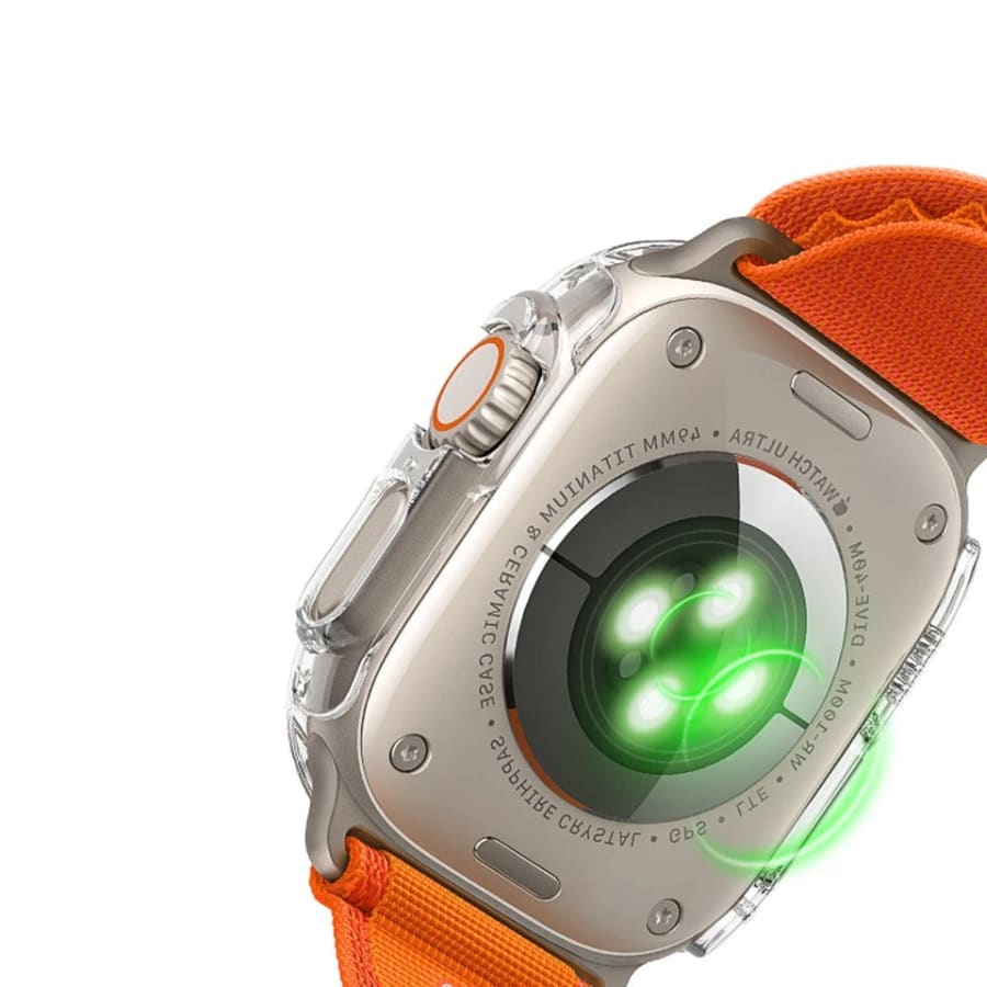 Clear protective case for Apple Watch Ultra 3 (49mm), made by That Watch Shop, showing the snug fit around the watch face and band.