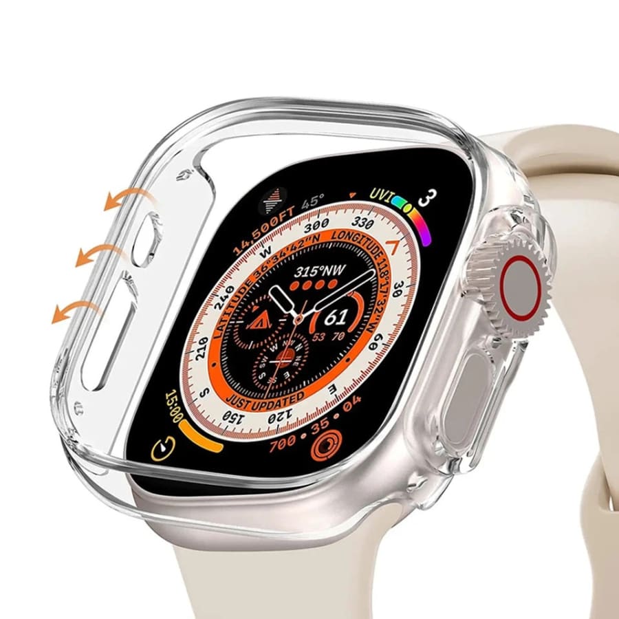 Clear protective case for Apple Watch Ultra 3 (49mm), made by That Watch Shop, showcasing the slim, transparent design fitting the watch.