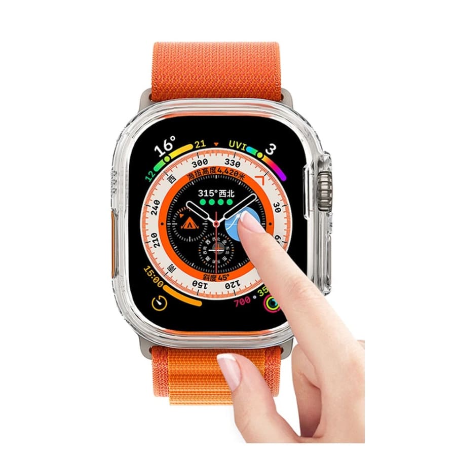 Clear protective case for Apple Watch Ultra 3 (49mm) by That Watch Shop, showcasing a transparent design fitting the watch.