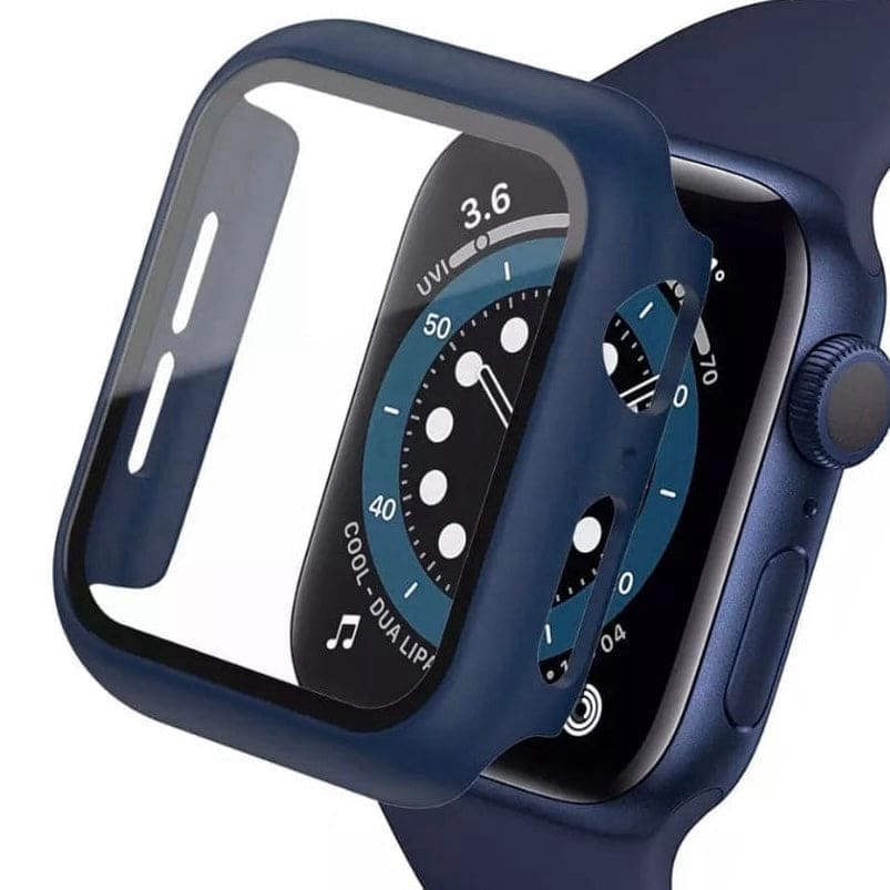 Navy protective watch case for Apple Watch 1st generation 38mm, made by That Watch Shop, showing the fitted watch case on the device