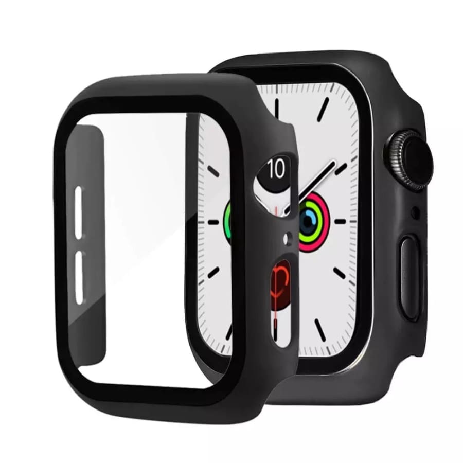 Black protective watch case for Apple Watch Series 7 (41mm) showing the snug fit and durable material.