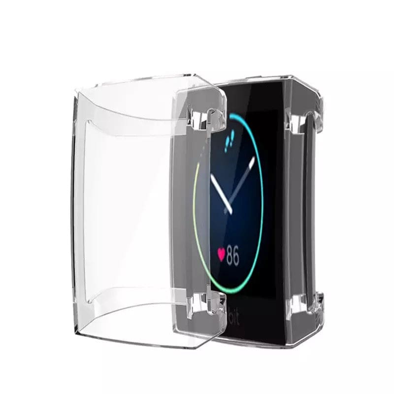 Clear protective watch case for Fitbit Charge 3 and 4, made by That Watch Shop, shown on a smartwatch in the image.