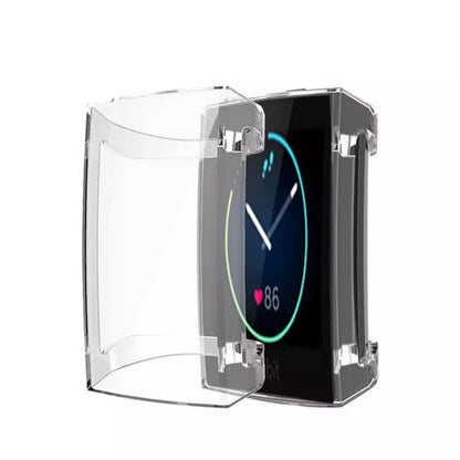 Clear protective watch case for Fitbit Charge 3 and 4, made by That Watch Shop, shown on a smartwatch in the image.