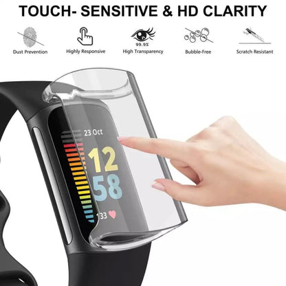 Clear protective watch case for Fitbit Charge 5 by That Watch Shop, showing a transparent, snug-fit cover on the device.
