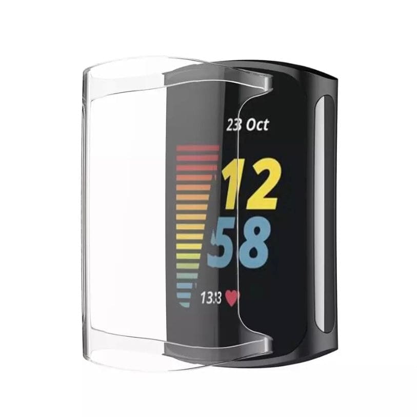 Clear protective watch case for Fitbit Charge 5, made by That Watch Shop, showcasing a transparent, durable cover on a Fitbit Charge 5.