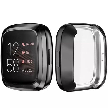 Black protective watch case for Fitbit Sense from That Watch Shop, designed to safeguard the smartwatch.
