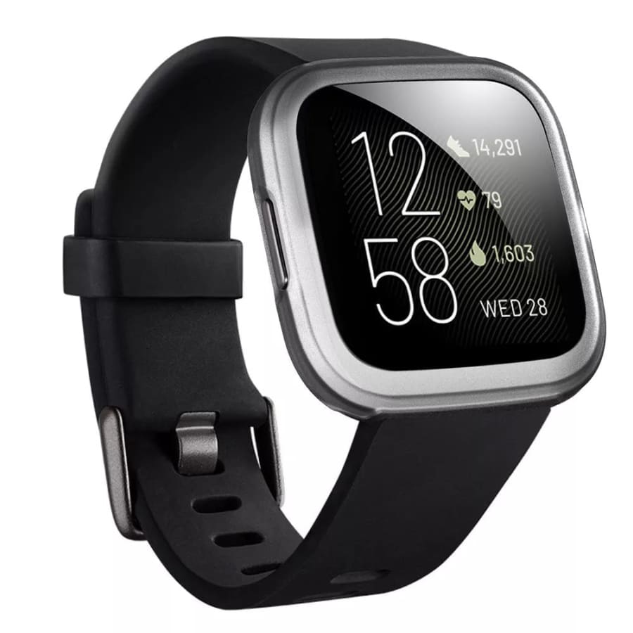 Clear protective watch case for Fitbit Versa 1 by That Watch Shop, showing the transparent, snug-fit design on the smartwatch.